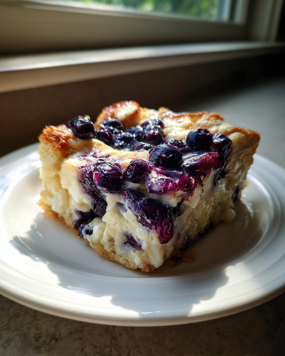 A square slice of creamy blueberry french toast casserole topped with baked blueberries on a white plate.