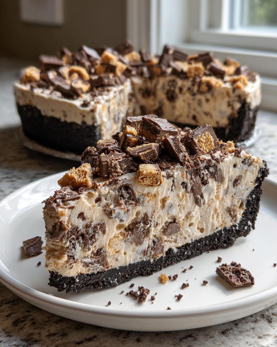 A generous slice of creamy butterfinger pie with a dark chocolate crust, topped with chopped candy pieces.