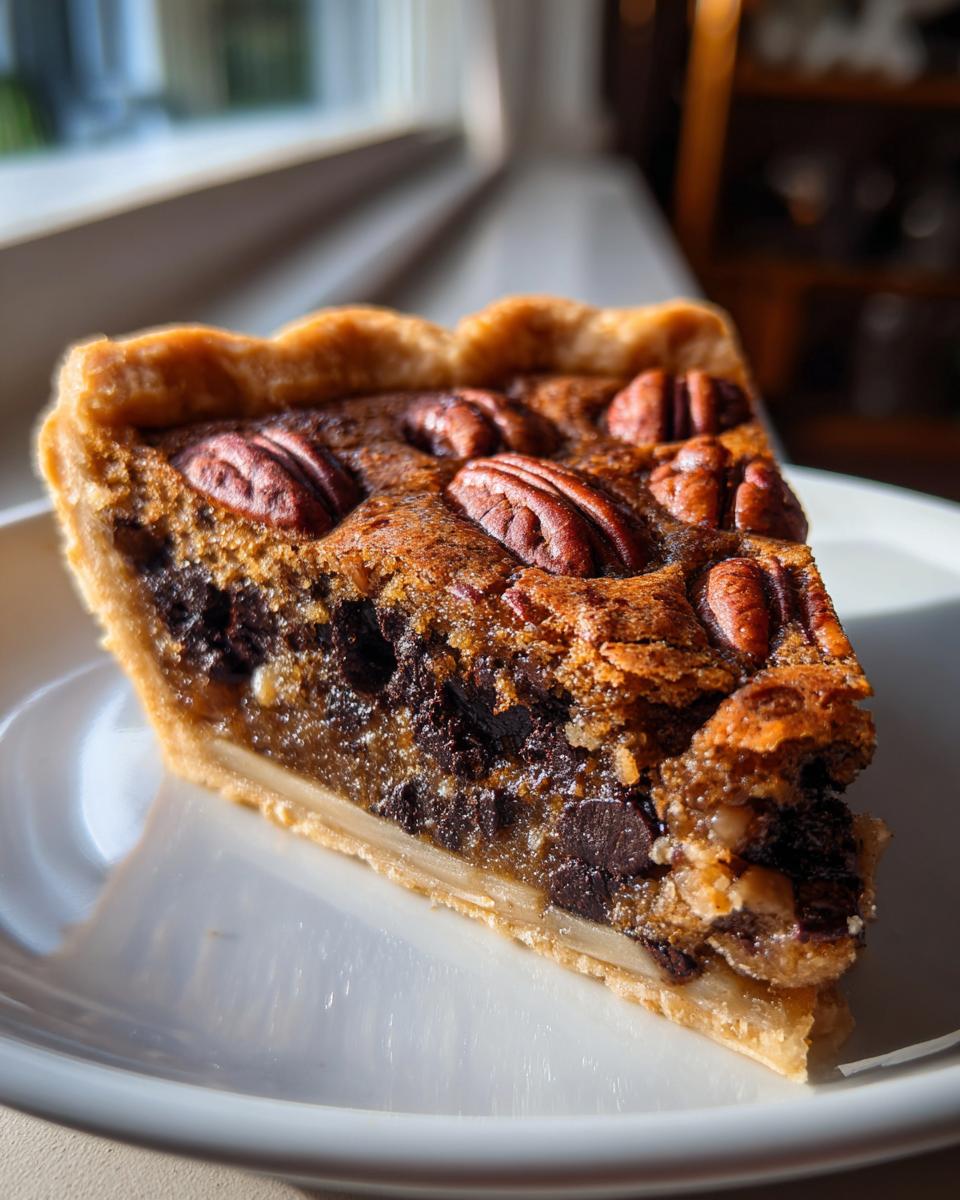 A close-up slice of chocolate bourbon pecan pie showing a rich filling, chocolate chips, and whole pecans on top, served on a white plate.