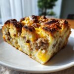 A close-up slice of a baked christmas breakfast casserole featuring bread, sausage, and melted cheese.