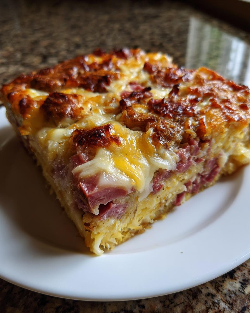 A thick, square slice of homemade reuben bake featuring layers of corned beef and melted, browned cheese.