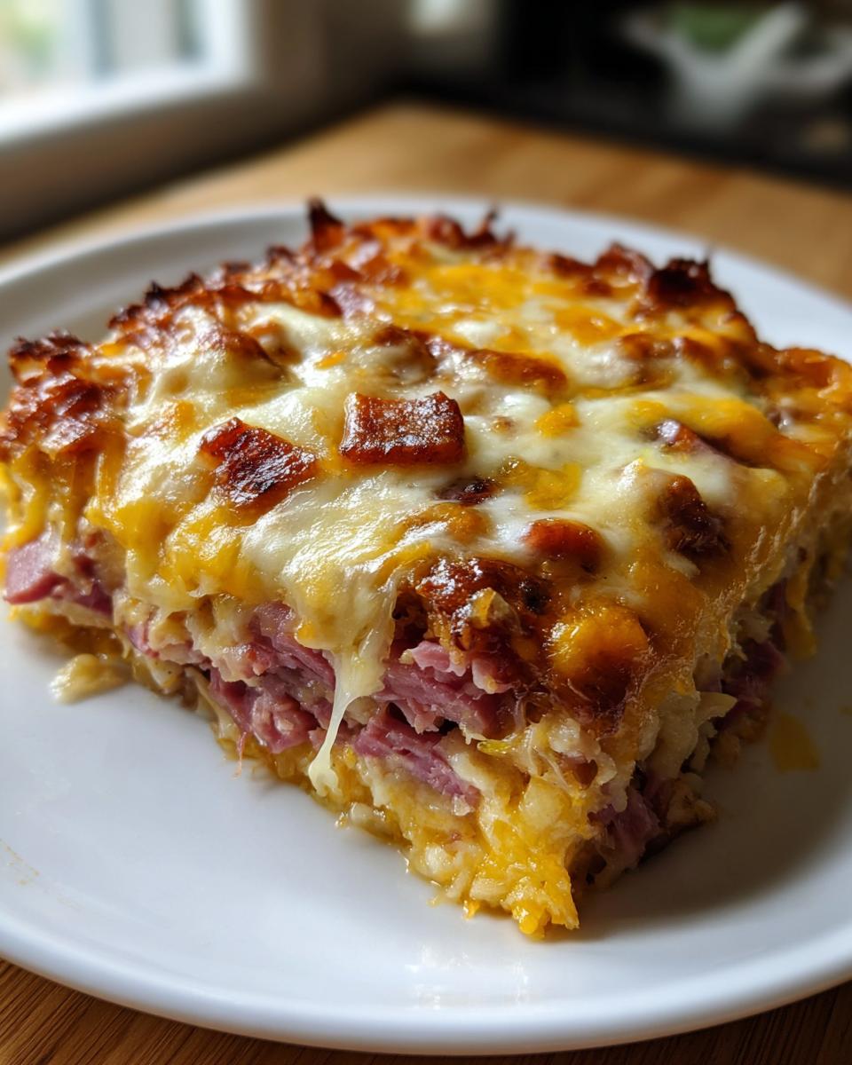 A close-up of a square slice of homemade Reuben bake, featuring layers of corned beef and sauerkraut topped with melted cheddar and mozzarella cheese.