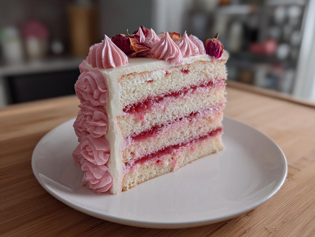 A beautiful slice of layered rose cake with pink jam filling, white frosting, and dried rosebuds on top.