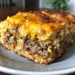 Close-up of a serving of mexican cornbread casserole featuring a layer of seasoned ground meat topped with melted, browned cheddar cheese.