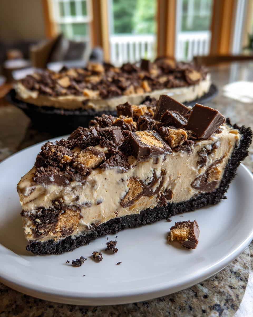 A generous slice of no-bake butterfinger pie with a chocolate crust, creamy filling, and topped with chopped candy pieces.