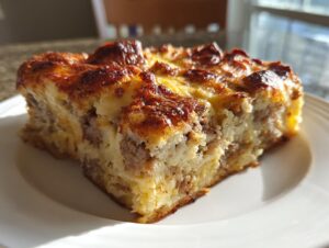 A close-up of a golden-brown slice of savory christmas breakfast casserole on a white plate.