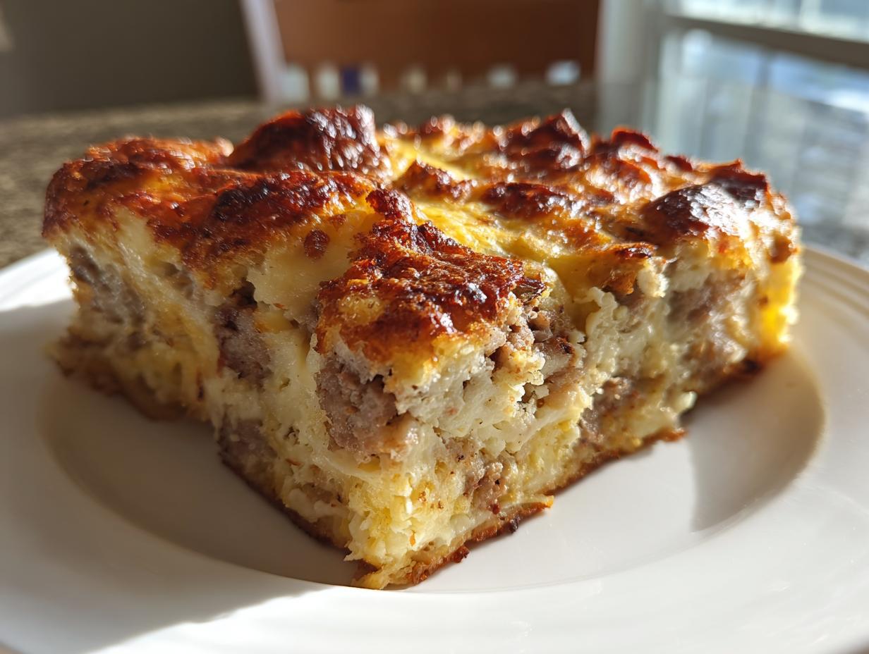 A close-up of a golden-brown slice of savory christmas breakfast casserole on a white plate.
