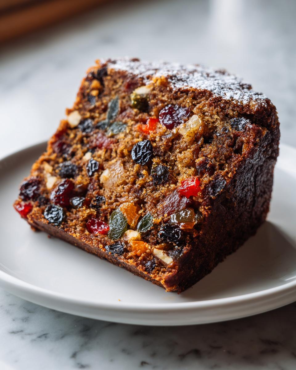 Close-up of a dense slice of fruit cake recipe, packed with dark raisins and colorful candied fruits, lightly dusted with powdered sugar.