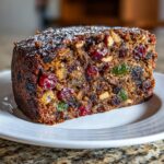 Close-up of a moist slice of fruit cake recipe, packed with dried fruits and nuts, dusted with powdered sugar.