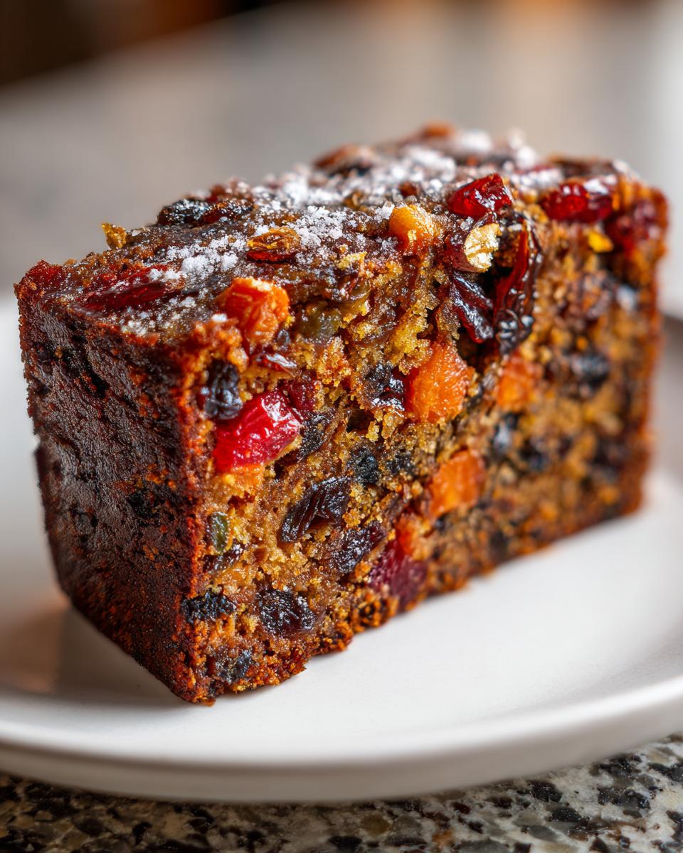 Close-up of a dense slice of fruit cake recipe, packed with dried fruits and topped with powdered sugar.