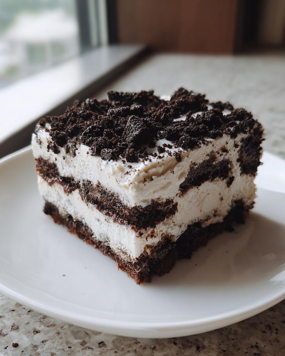 A square slice of layered dirt cake featuring alternating layers of dark chocolate cookie crumbs and creamy white filling, topped with more crumbs.