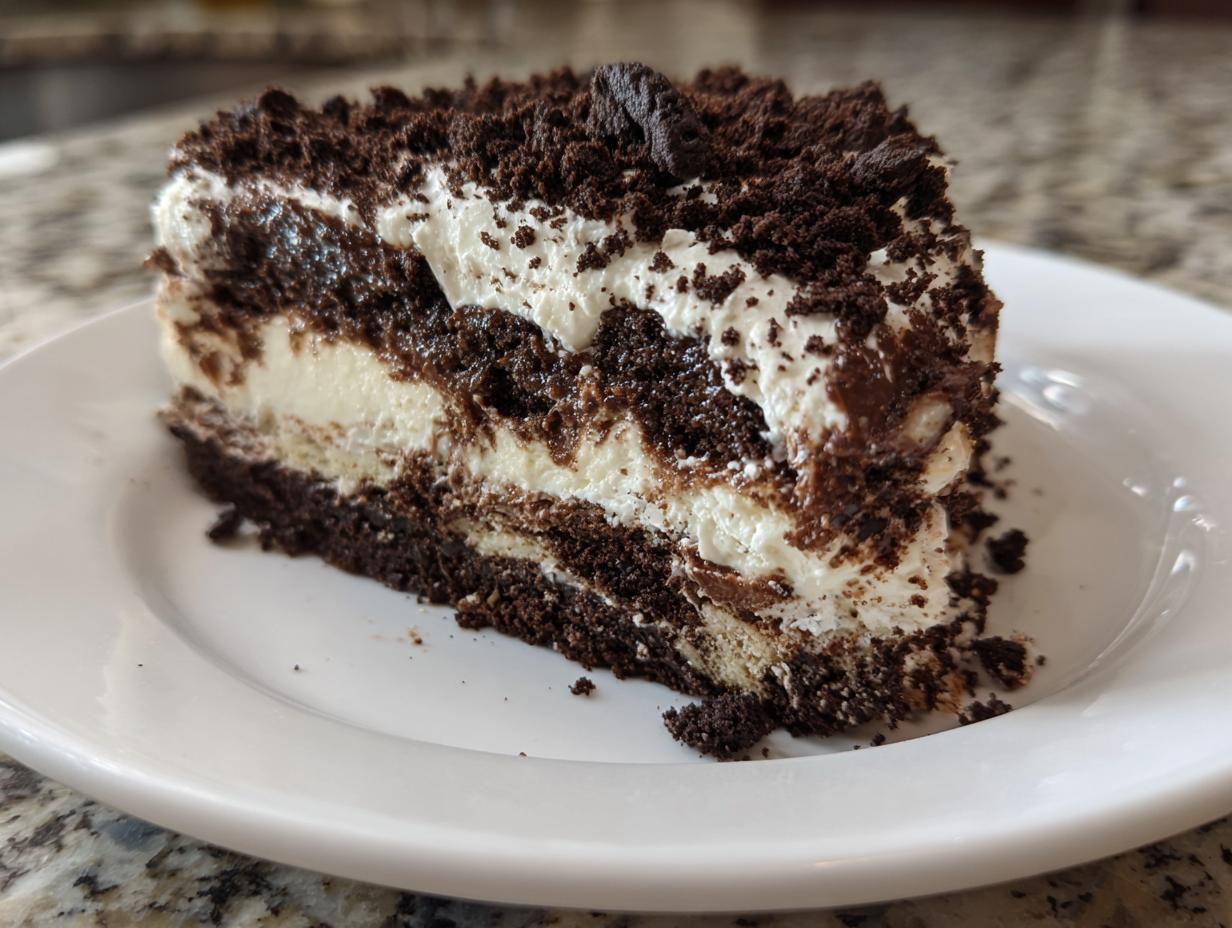 A generous slice of layered dirt cake featuring alternating layers of chocolate cookie crumbs and white creamy filling on a white plate.
