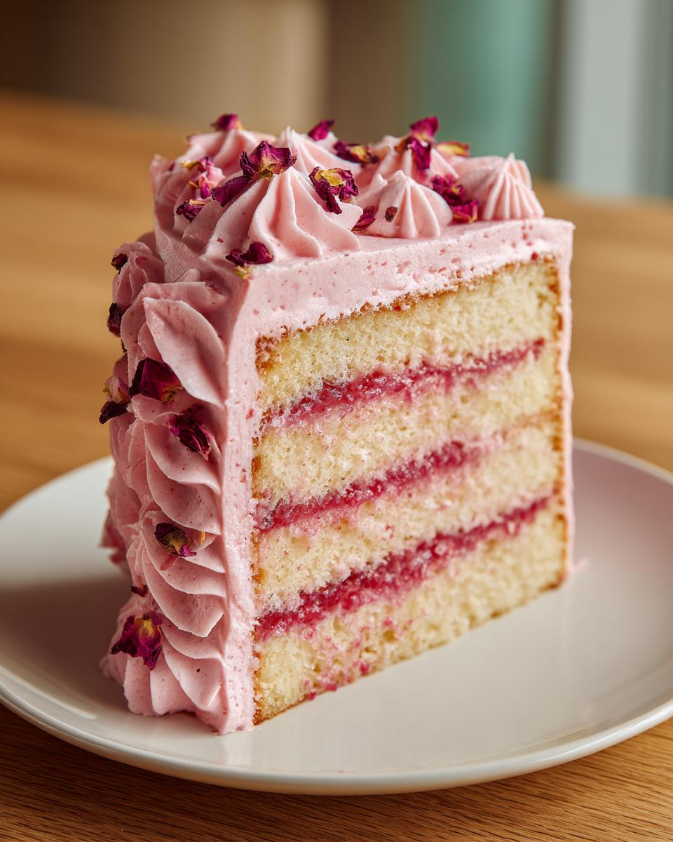 A perfect slice of layered rose cake featuring vanilla sponge, raspberry filling, and pink rose-flavored buttercream, topped with dried rose petals.