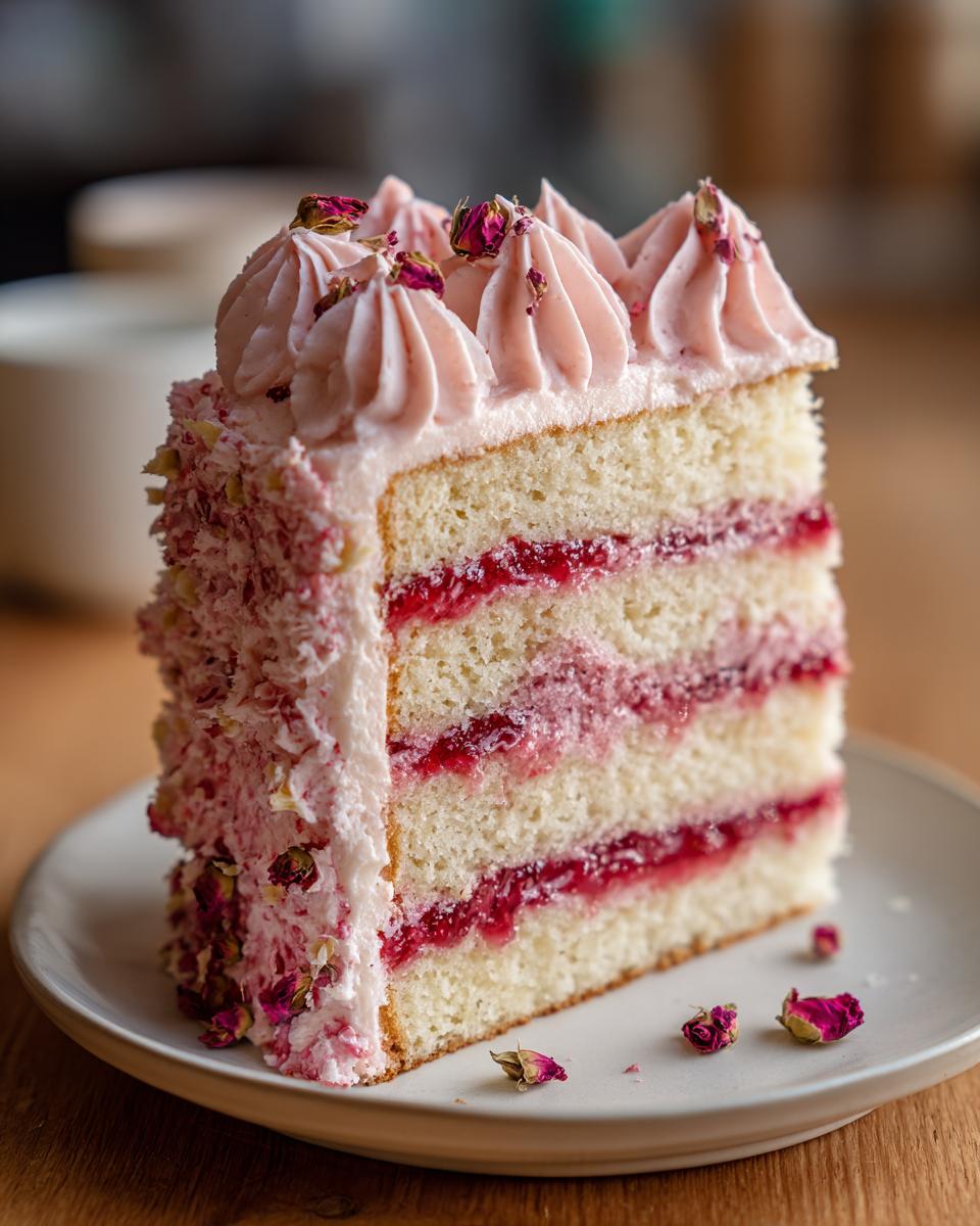 Close-up of a thick slice of layered rose cake with pink frosting and dried rosebuds on top.