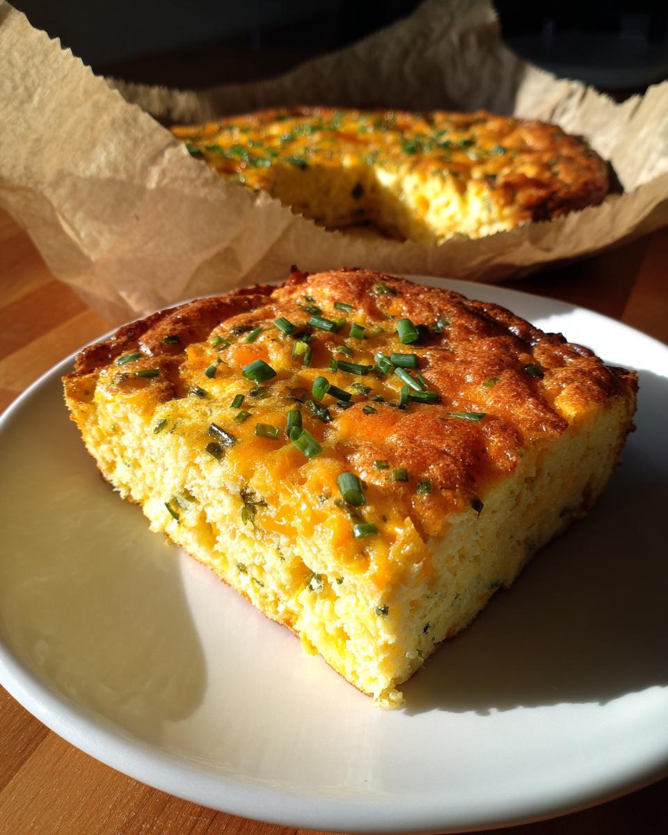 A thick slice of baked sheet pan eggs, topped with melted cheese and fresh chives, served on a white plate.