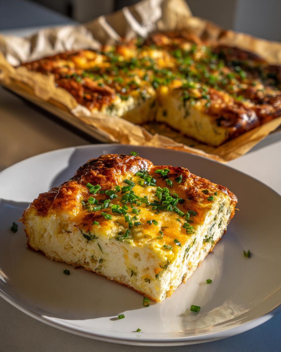 A thick slice of baked sheet pan eggs, fluffy and golden brown, topped with fresh chives on a white plate.