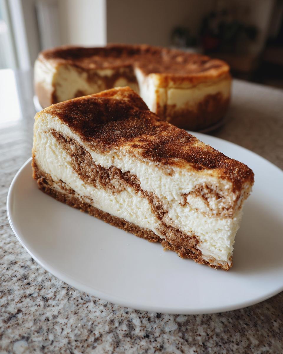 A thick slice of snickerdoodle cheesecake with a cinnamon swirl and graham cracker crust on a white plate.