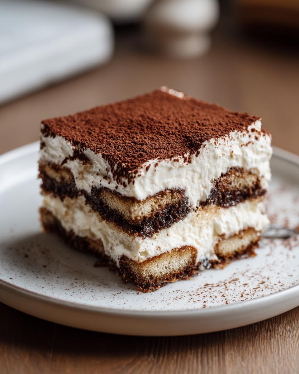 A square slice of rich tiramisu recipe layered with cream and coffee-soaked ladyfingers, topped with cocoa powder.