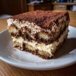 A decadent, layered slice of tiramisu recipe served on a white plate, heavily dusted with cocoa powder.
