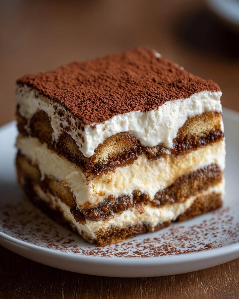 Close-up of a perfectly layered slice of tiramisu recipe, topped with rich cocoa powder.