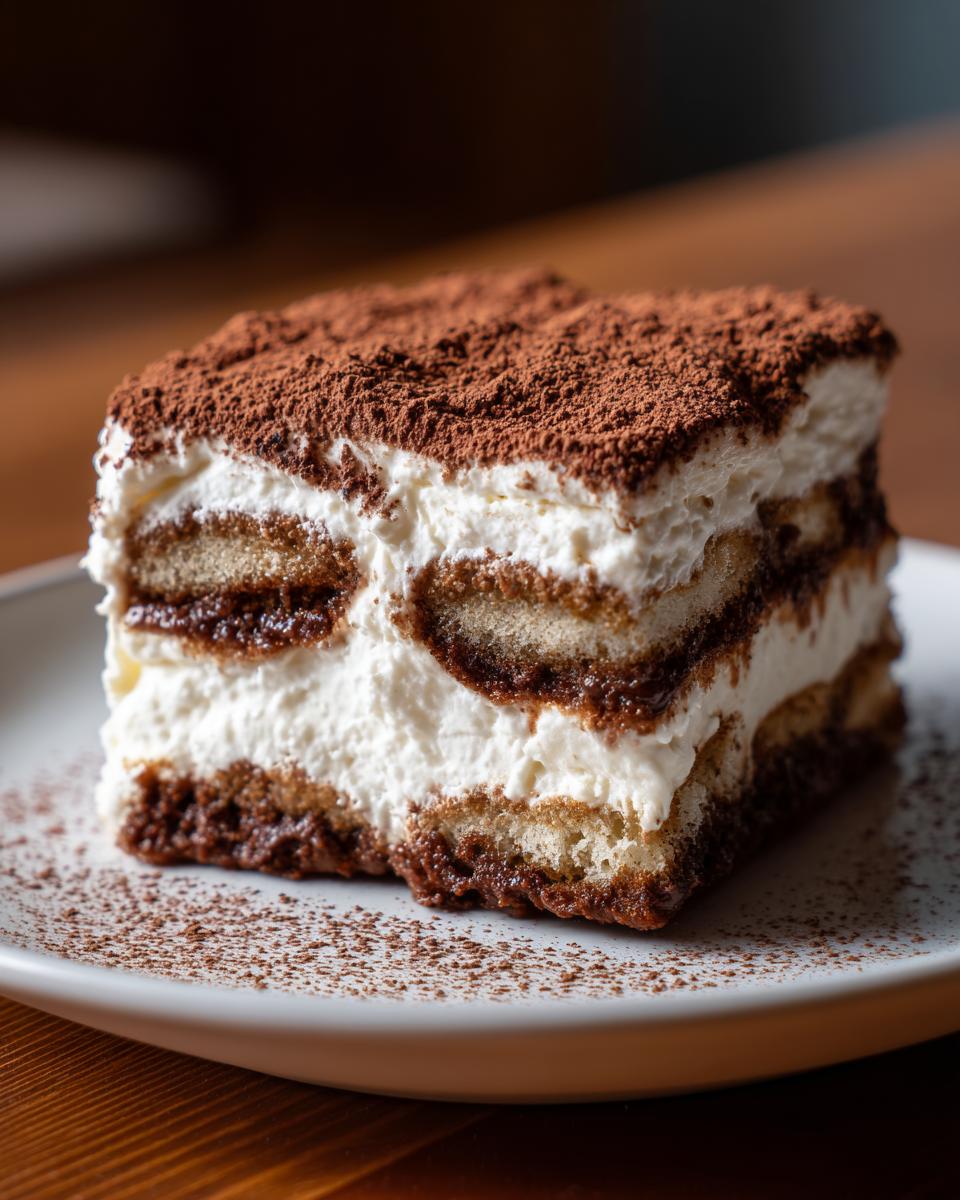 Close-up of a perfect slice of tiramisu recipe showing layers of ladyfingers, cream, and heavy cocoa powder dusting.