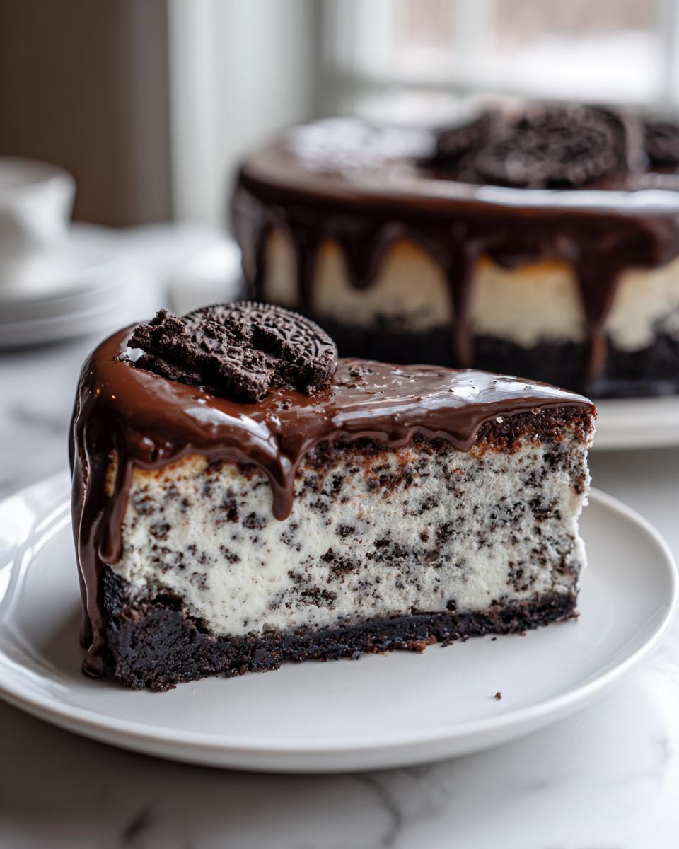 A decadent slice of Oreo cheesecake featuring a thick cookie crust, creamy filling studded with cookie pieces, and a rich chocolate ganache drip, topped with an Oreo.