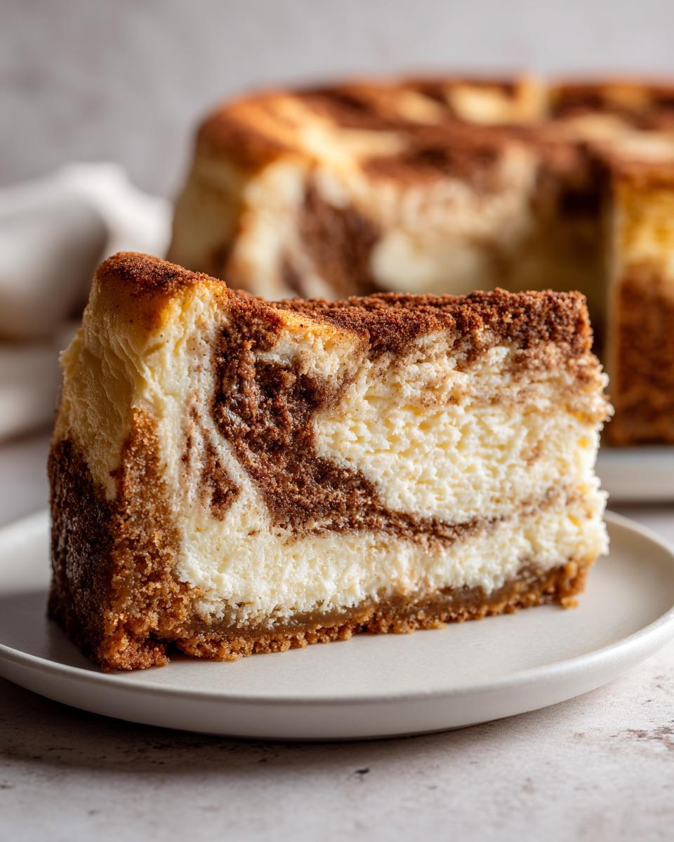 Close-up of a thick slice of snickerdoodle cheesecake showing a creamy white and cinnamon-swirled interior on a graham cracker crust.