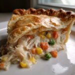 Close-up of a slice of turkey pot pie recipe showing flaky crust and creamy filling with shredded turkey, carrots, peas, and corn.