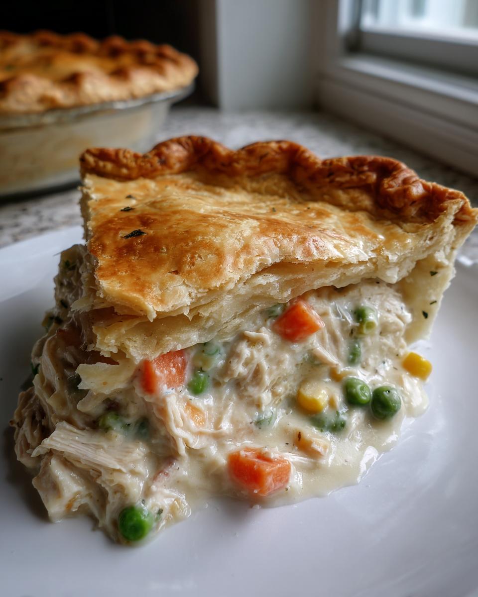 A thick slice of turkey pot pie recipe showing flaky crust and creamy filling with turkey, peas, carrots, and corn.