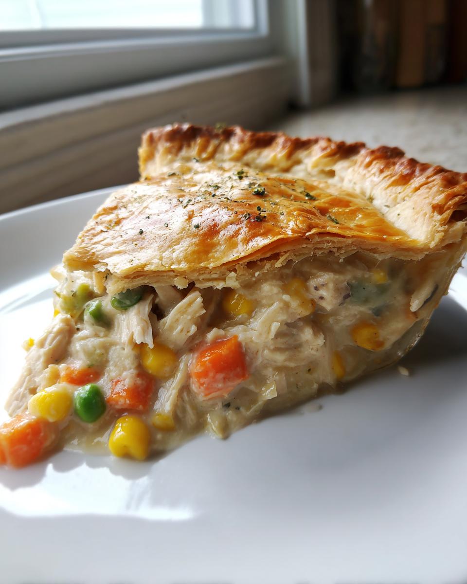 A close-up slice of homemade turkey pot pie recipe showing shredded turkey, carrots, peas, and corn in a creamy sauce under a golden, flaky crust.
