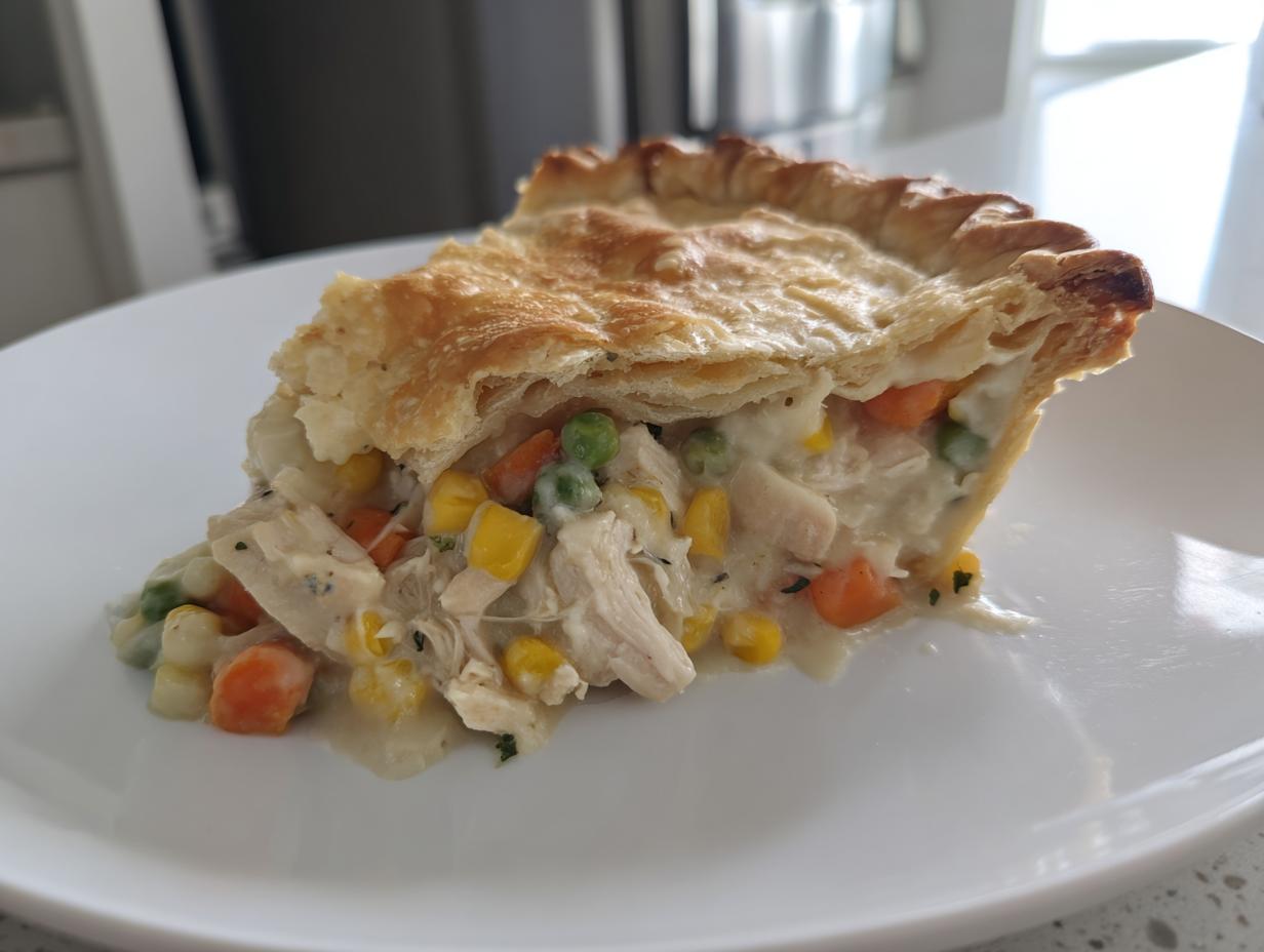 A close-up slice of turkey pot pie recipe showing shredded turkey, carrots, peas, and corn in a creamy sauce under a flaky golden crust.