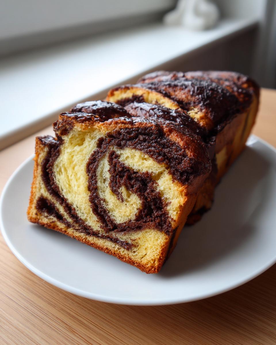 A close-up of sliced chocolate babka showing the rich, dark chocolate swirl pattern inside the golden bread.
