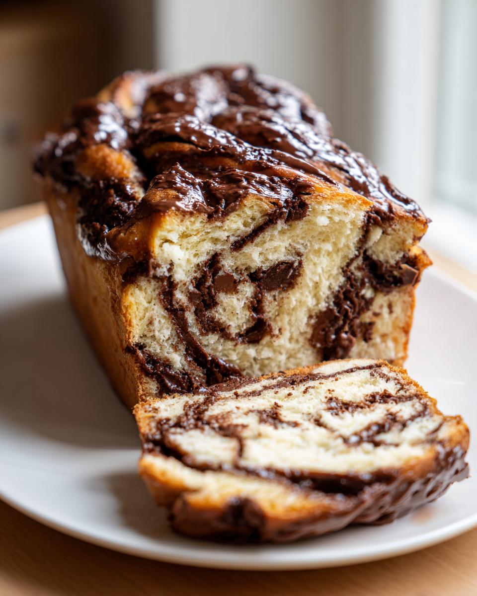 A freshly baked chocolate babka loaf with one slice cut, showing the rich, swirled chocolate filling inside.