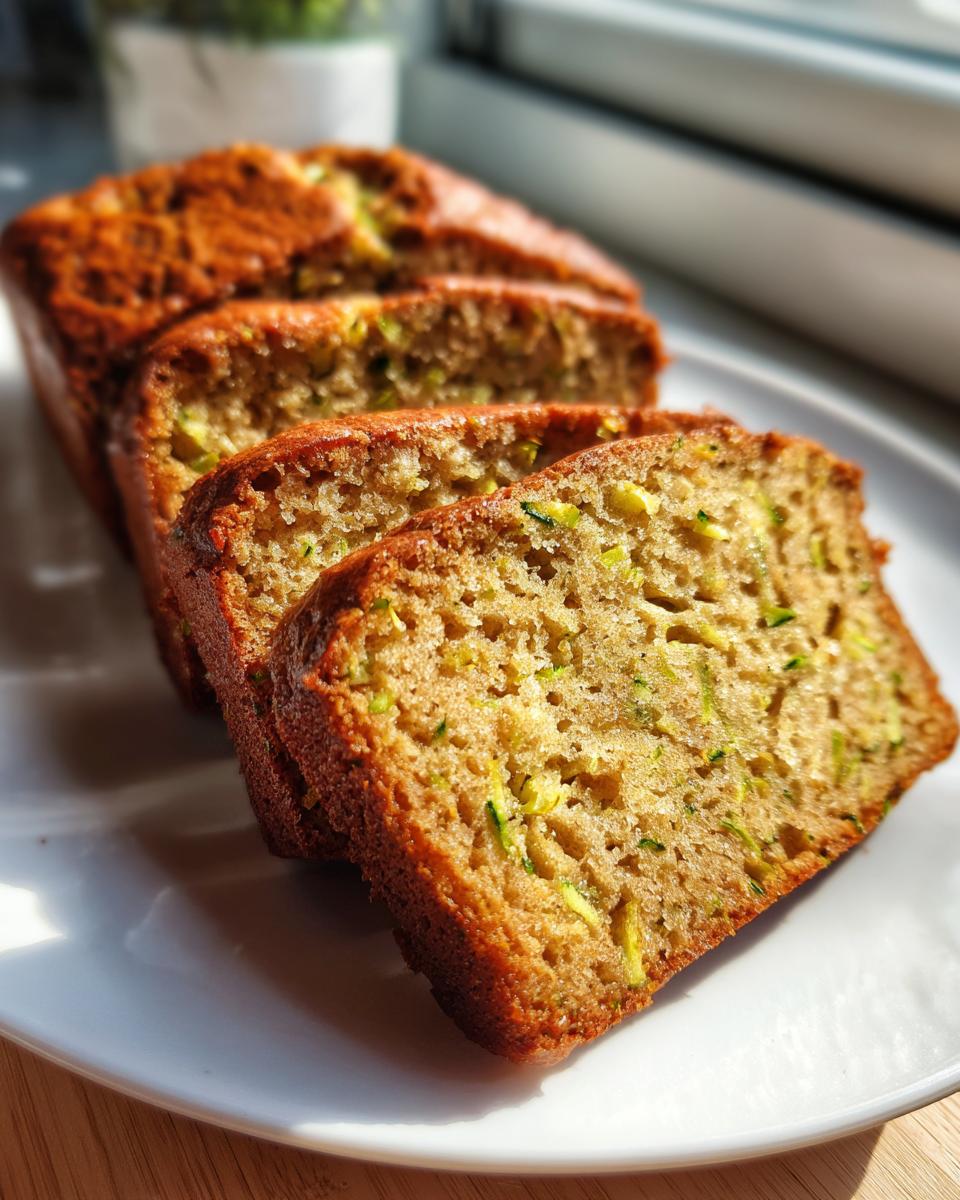 Close-up of three thick slices of moist zucchini banana bread showing visible green zucchini shreds throughout the crumb.