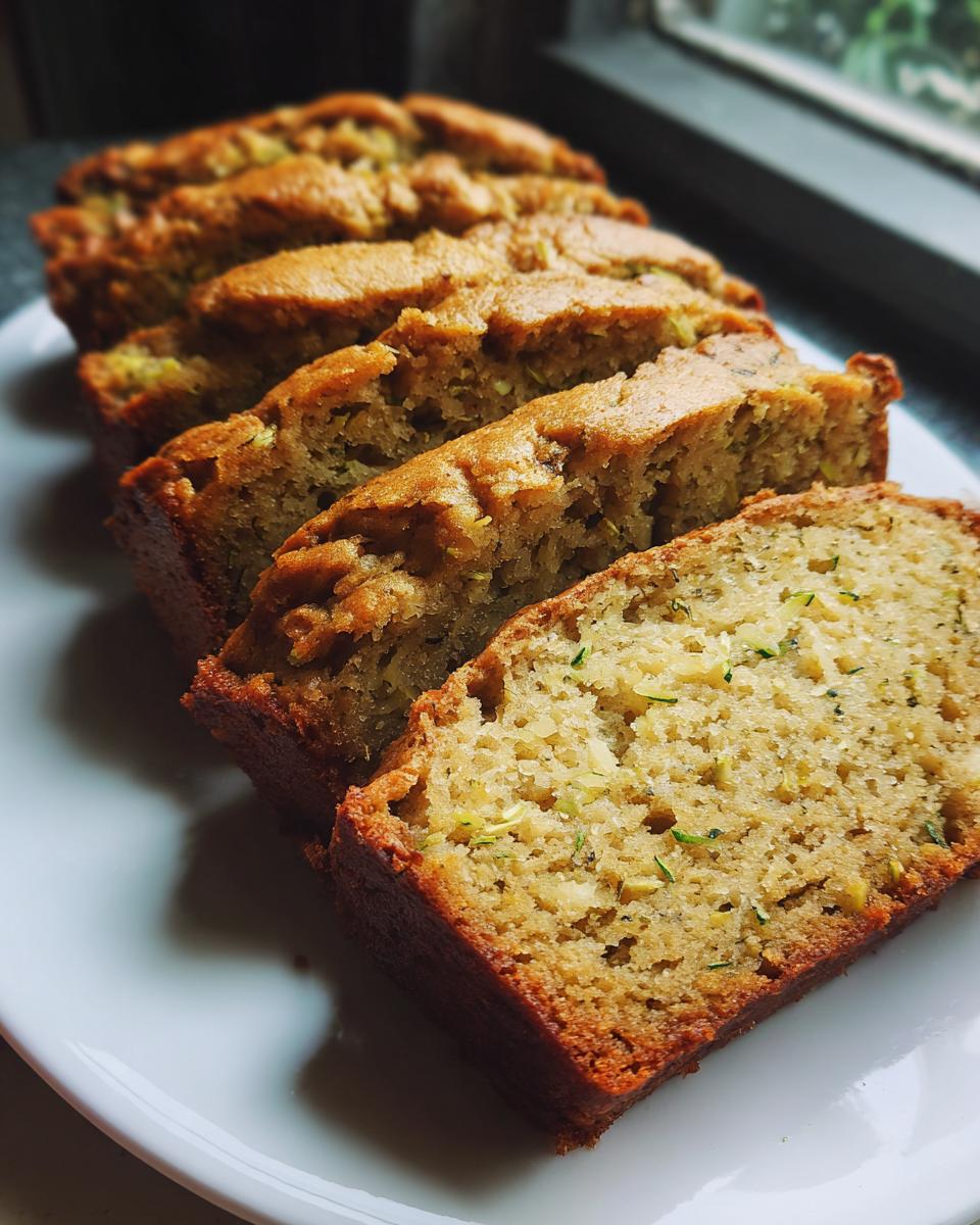 Several thick slices of moist zucchini banana bread arranged on a white plate.