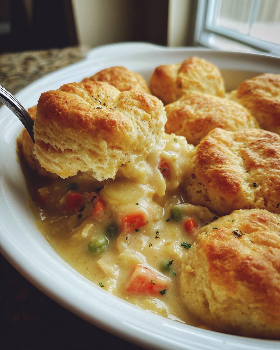 A fork lifts a fluffy biscuit from a bowl of creamy slow cooker chicken pot pie filling with carrots and peas.