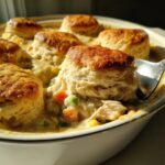 A spoonful being lifted from a dish of slow cooker chicken pot pie topped with golden, flaky biscuits.