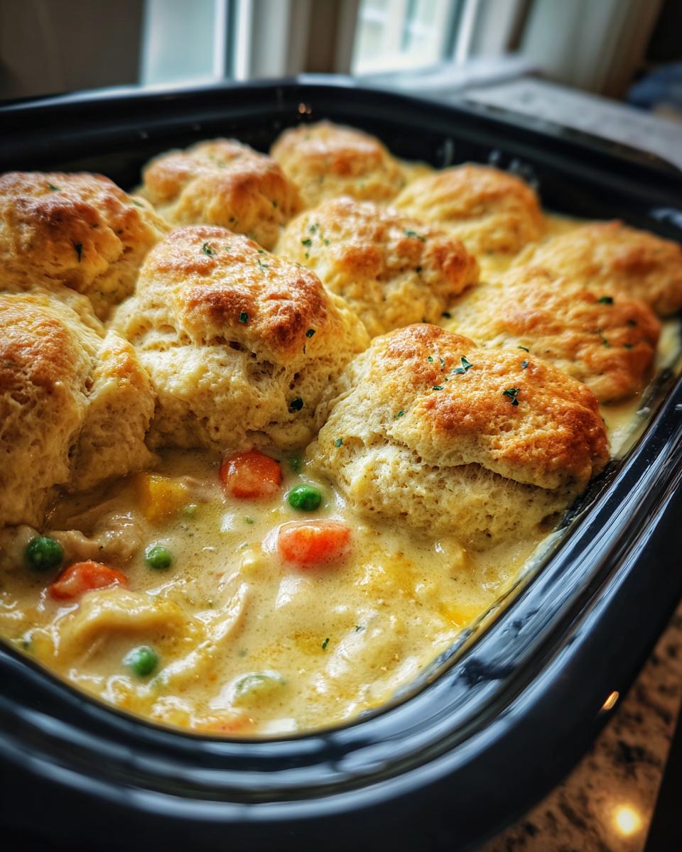 Close-up of a slow cooker chicken pot pie topped with golden, fluffy biscuits and creamy vegetable filling.
