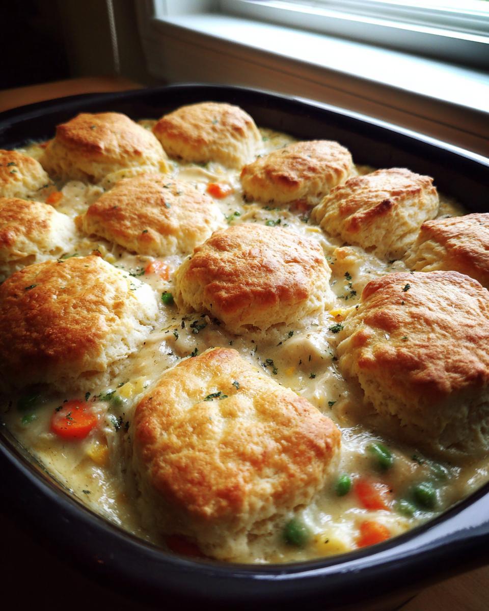 Close-up of golden biscuits topping creamy filling in a slow cooker chicken pot pie.