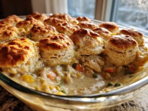 Close-up of a glass dish filled with creamy slow cooker chicken pot pie topped with golden, fluffy biscuits.