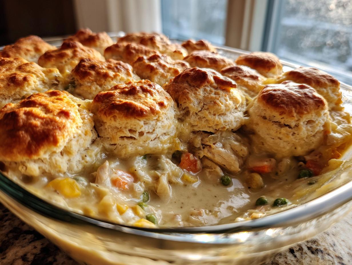 Close-up of a glass dish filled with creamy slow cooker chicken pot pie topped with golden, fluffy biscuits.