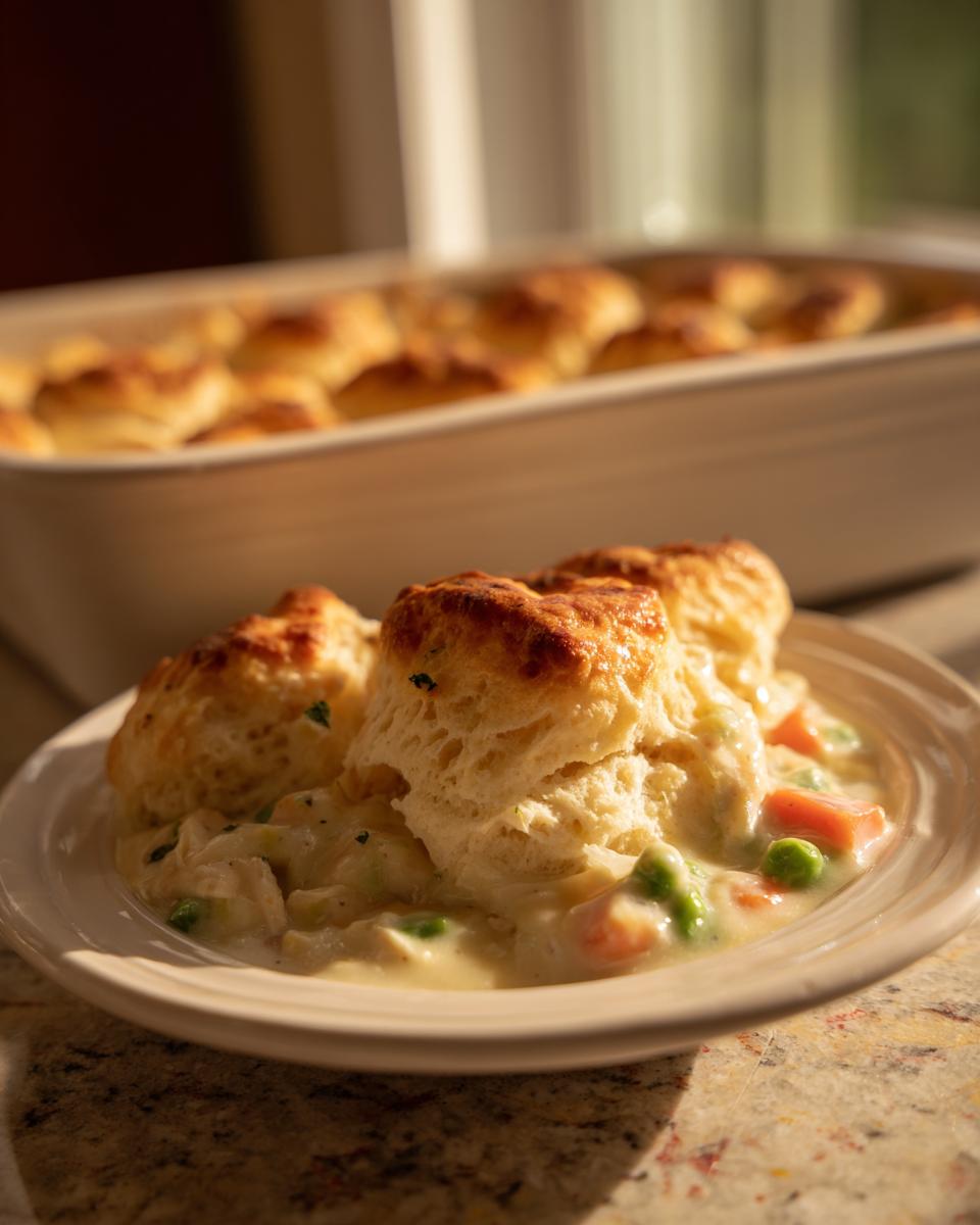 A serving of creamy slow cooker chicken pot pie topped with golden biscuits on a plate.