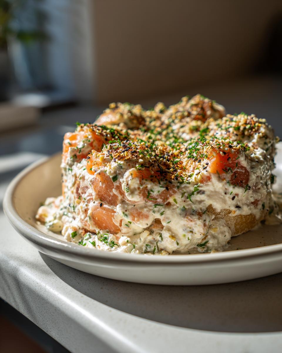 A tall, molded serving of creamy smoked salmon dip topped with everything bagel seasoning.