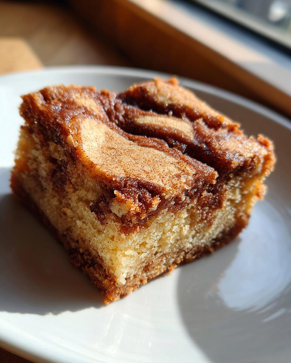 A close-up, sunlit square of moist snickerdoodle blondies featuring a rich cinnamon swirl topping.