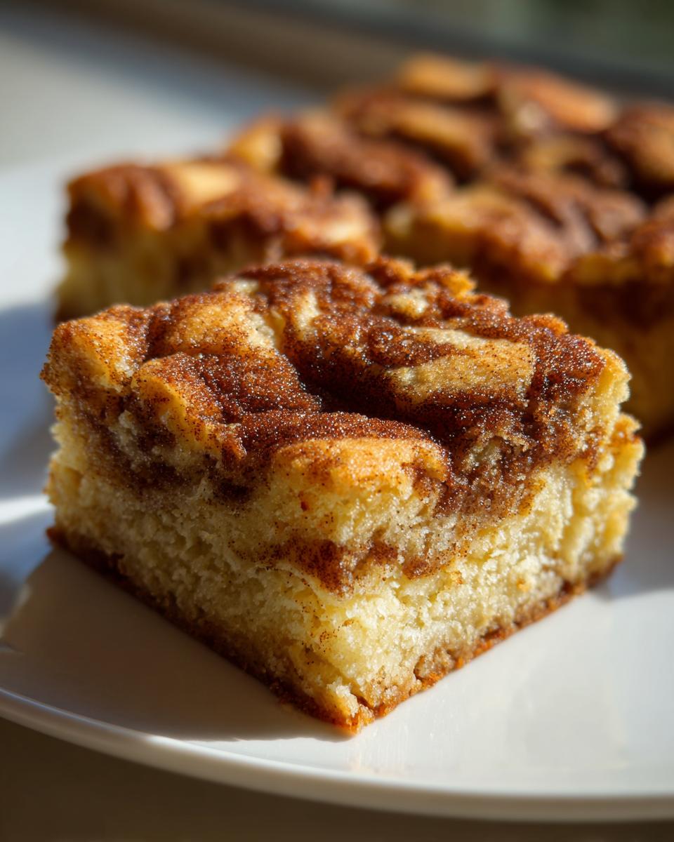 A close-up, sunlit square of rich snickerdoodle blondies featuring a thick, sugary cinnamon swirl topping.