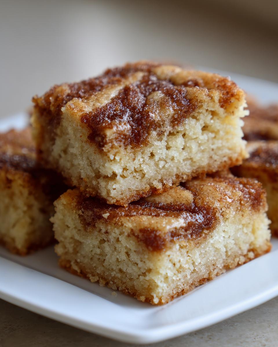 Close-up of stacked, soft snickerdoodle blondies featuring a rich, sugary cinnamon swirl topping.
