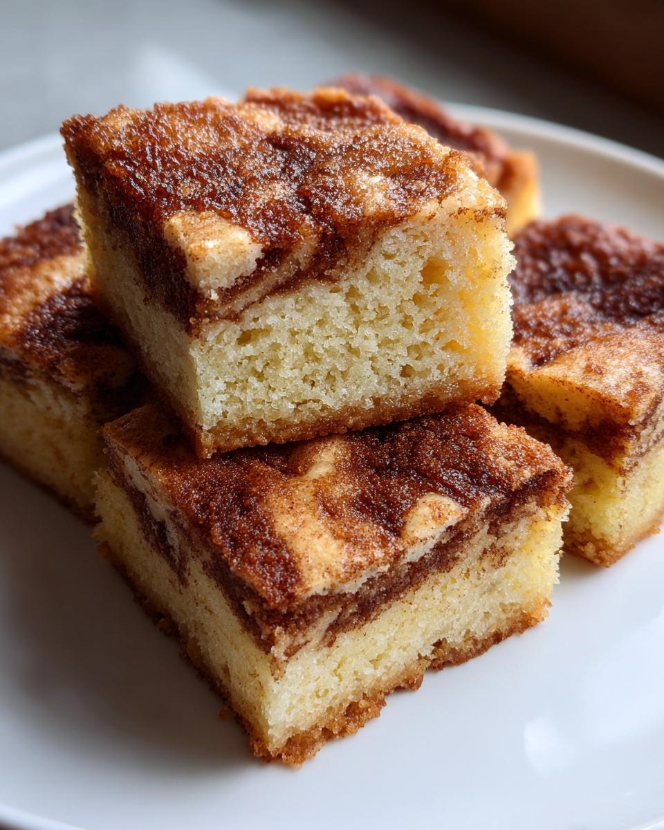Four squares of soft, buttery snickerdoodle blondies stacked on a white plate, featuring a rich cinnamon swirl topping.