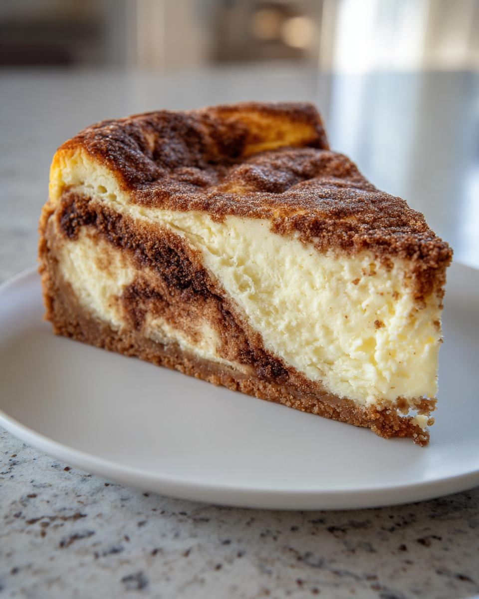 A close-up of a single slice of creamy snickerdoodle cheesecake with a cinnamon swirl and graham cracker crust.