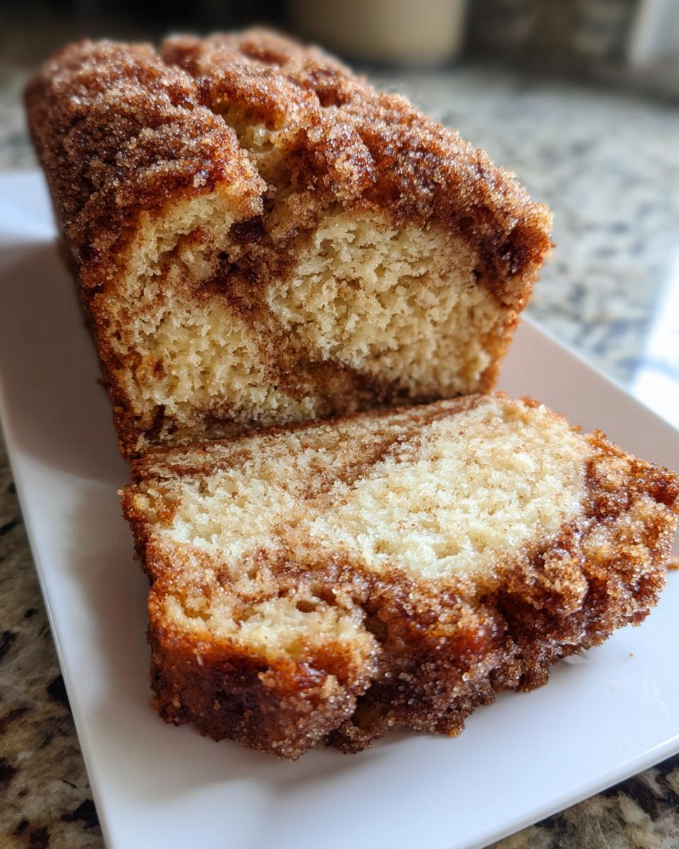 A close-up of snickerdoodle zucchini bread loaf, showing a thick cinnamon sugar topping and a slice cut off revealing the moist interior.
