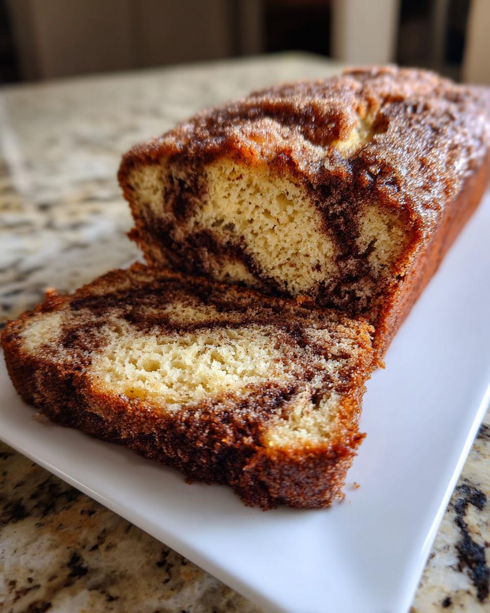 A loaf of snickerdoodle zucchini bread, sliced to show the cinnamon swirl texture inside, resting on a white platter.